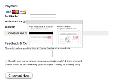 twelvesouth.com liefert per Mouseover Hilfestellung, wo sich der Sicherheitscode einer Kreditkarte befindet