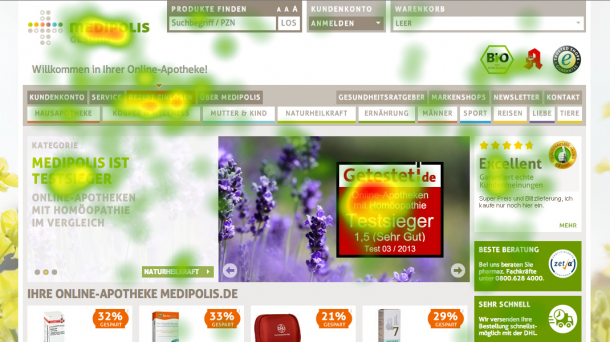 5 Sekunden Heatmap für die Startseite von medipolis.de: Das Eyetracking beweist, dass das Gütesiegel und die ekomi-Bewertungen wahrgenommen werden.