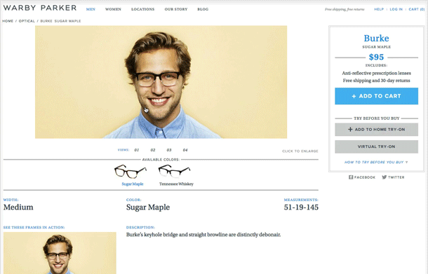 Warby Parker Produktdetailseite