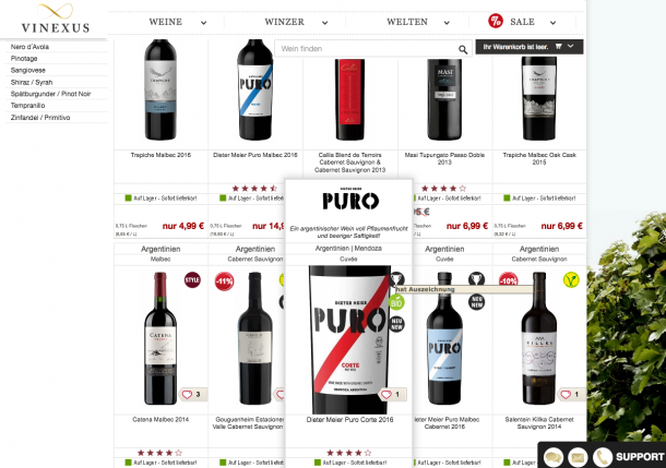 vinexus.de zeigt Auszeichnungen und Besonderheiten der Weine bereits auf der Produktliste. So ist es möglich schon früh ein Produkt zu differenzieren